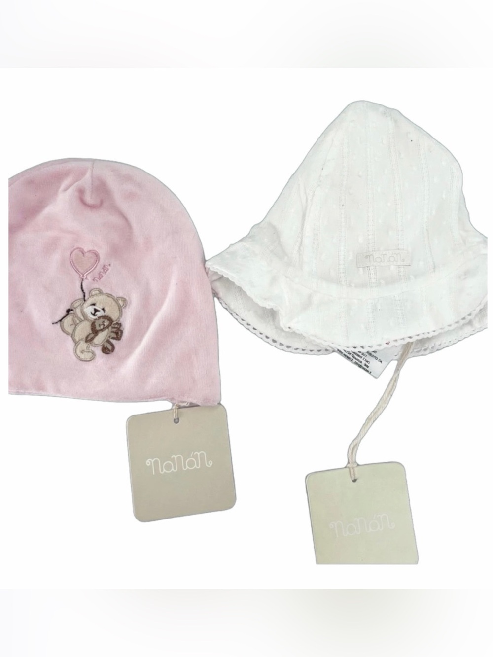 NWT Baby Girl Hat Bundle 6-12M Pink Teddy Beanie & White Eyelet Sun Hat NWT